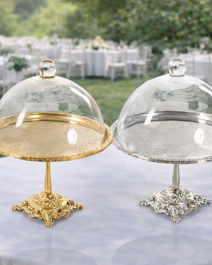 Silver Pedestal Dessert Stand with Glass Dome | Gold, Silver & Antique Finish