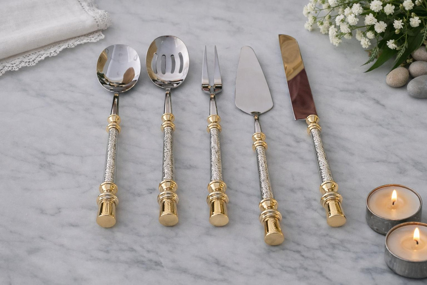 Luxury 5-Piece Serving Set - Gold & Silver Stainless Steel Serving Utensils