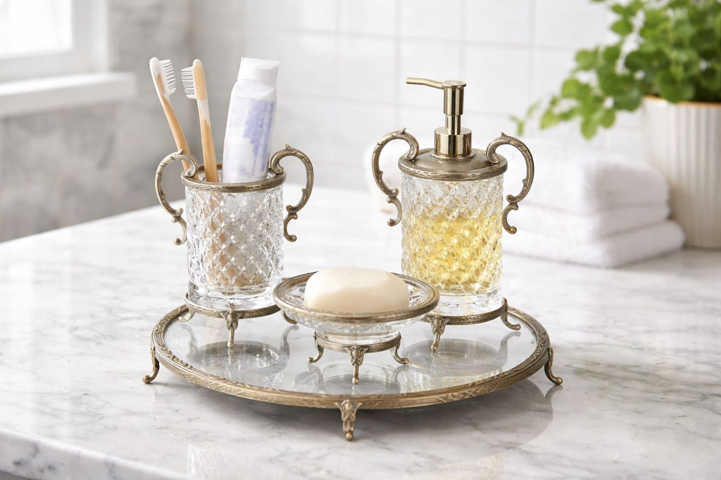 Silver 4 Piece Crystal Glass Bathroom Accessory Set with Ornate Metal Stand | Luxury Soap Dispenser
