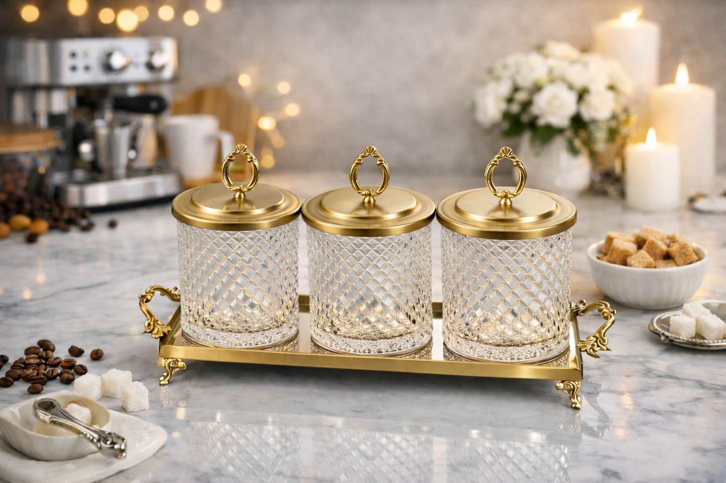 Luxury Coffee Tea Sugar Canister Set with Tray, 3 Glass Storage Jars 1L, Gold Silver Vintage Kitchen Counter Organizer