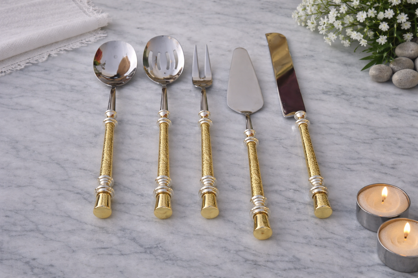 Luxury 5-Piece Serving Set - Silver & Gold Stainless Steel Serving Utensils