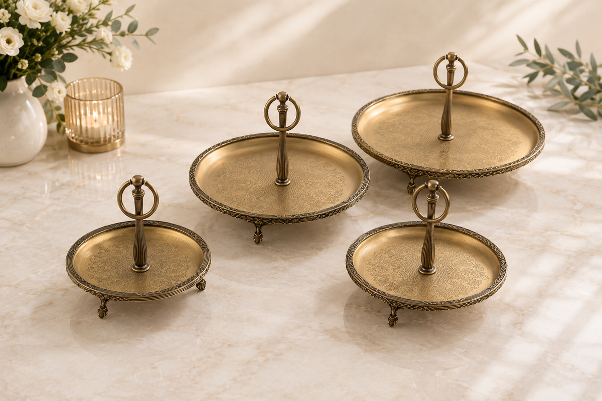 Vintage Serving Tray with Handle, Engraved Appetizer Platter, Dessert Tea and Coffee Tray