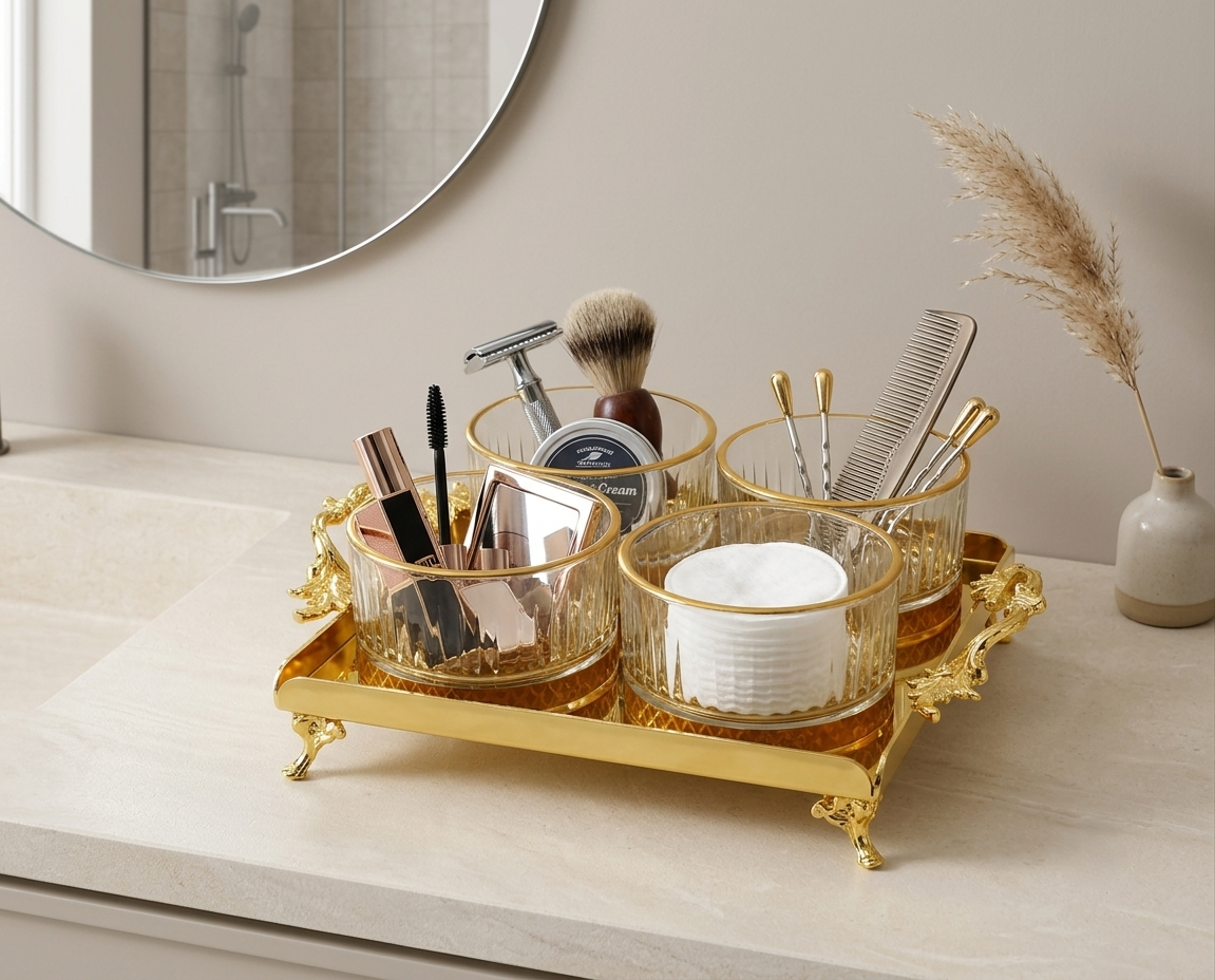Luxury Crystal Glass Bathroom Organizer Set with Gold Tray | Vanity Storage & Spa Bathroom Decor