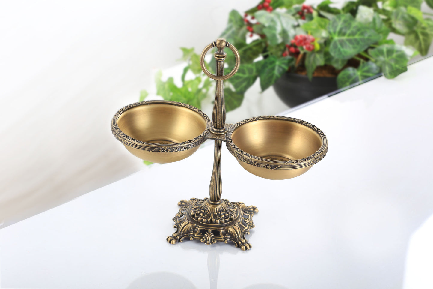 Double Candy Dish with Handle | Gold Pedestal Serving Bowl