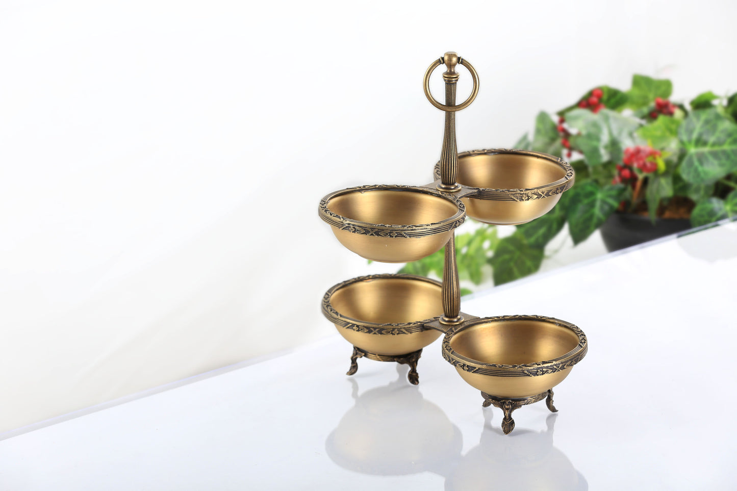 Silver Quadruple Candy Dish with Handle | Pedestal Serving Bowl