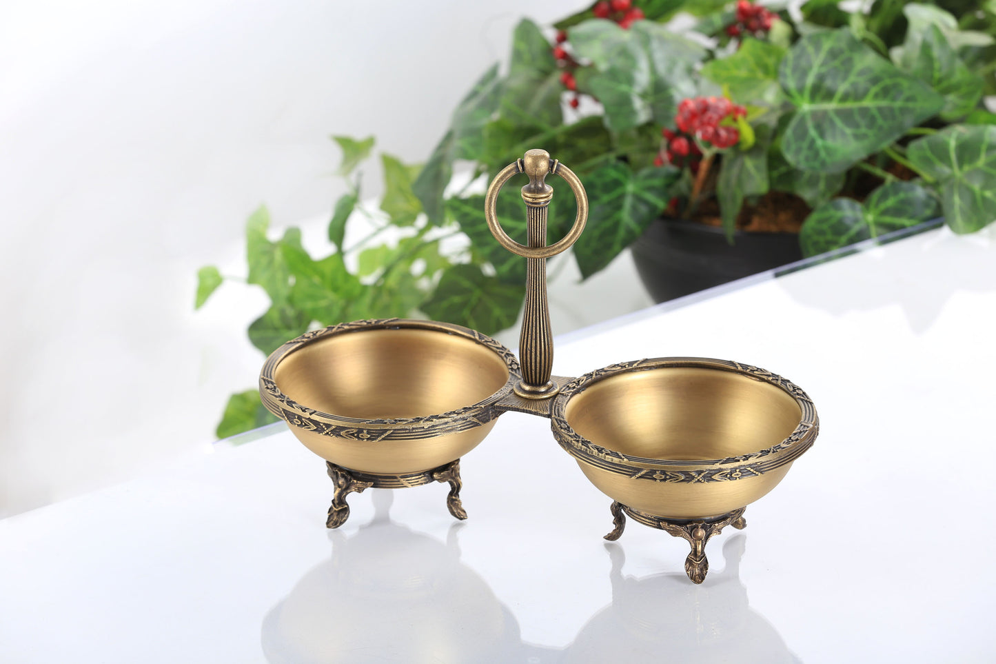 Double Candy Dish with Handle | Gold Footed Serving Bowl