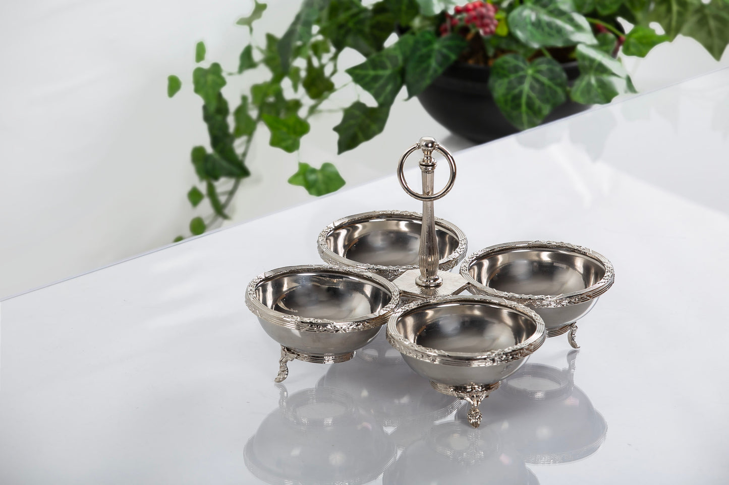 Quadruple Candy Dish with Handle | Antique Footed Serving Bowl