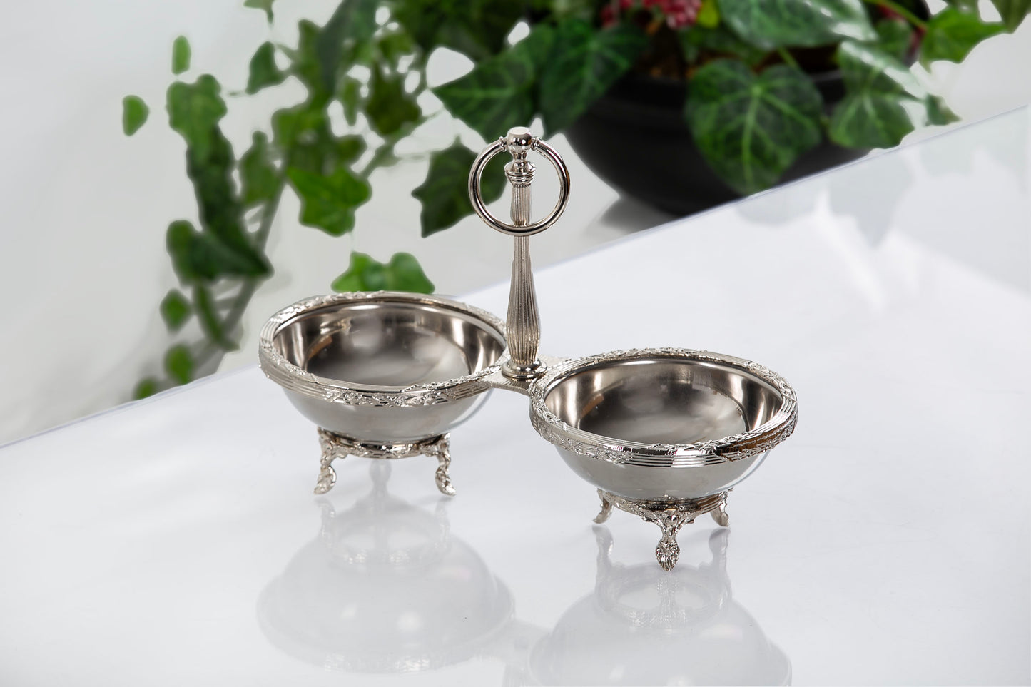 Double Candy Dish with Handle | Antique Footed Serving Bowl