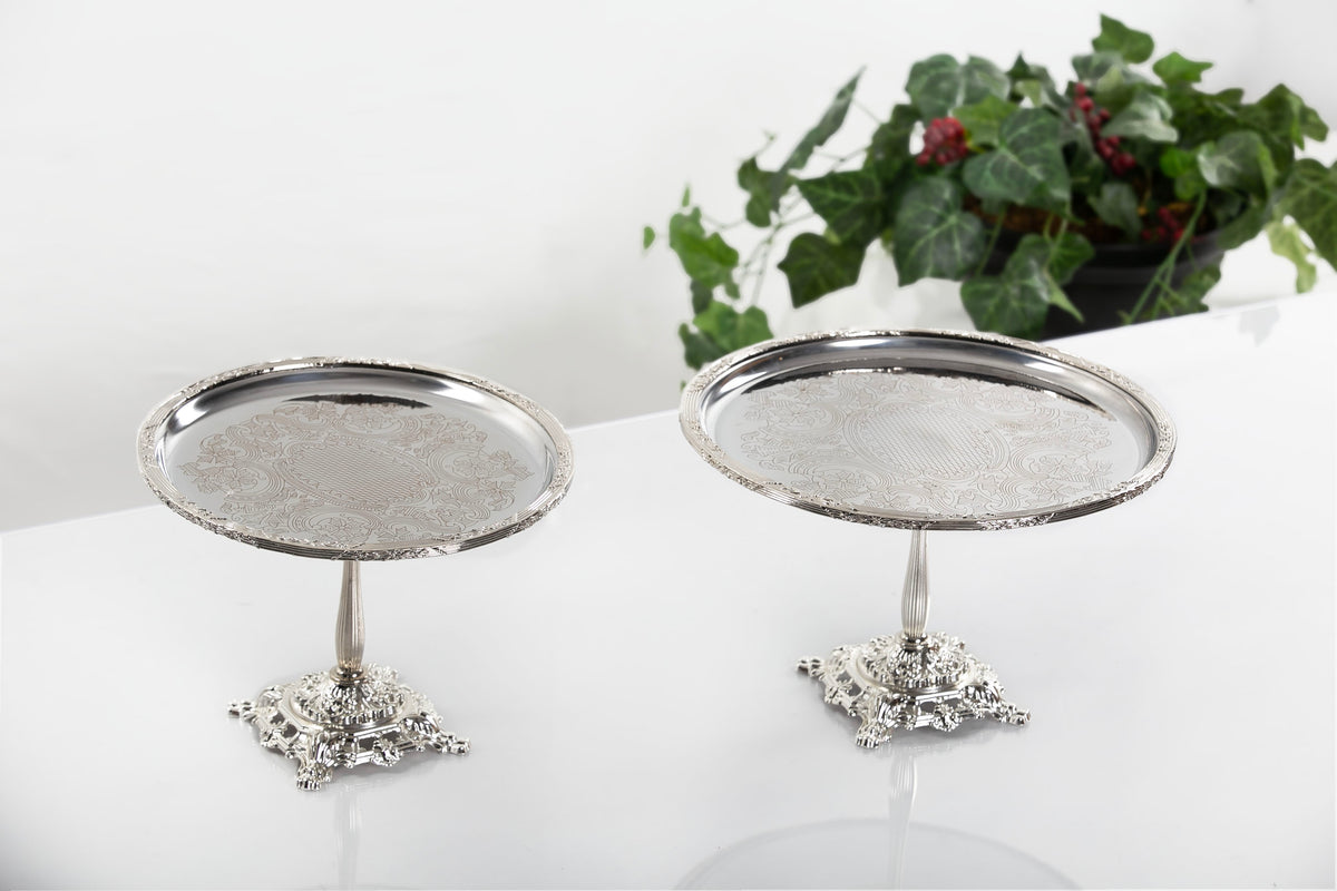 Gold Pedestal Dessert Stand, Vintage Metal Cake Display Tray, Silver Stand