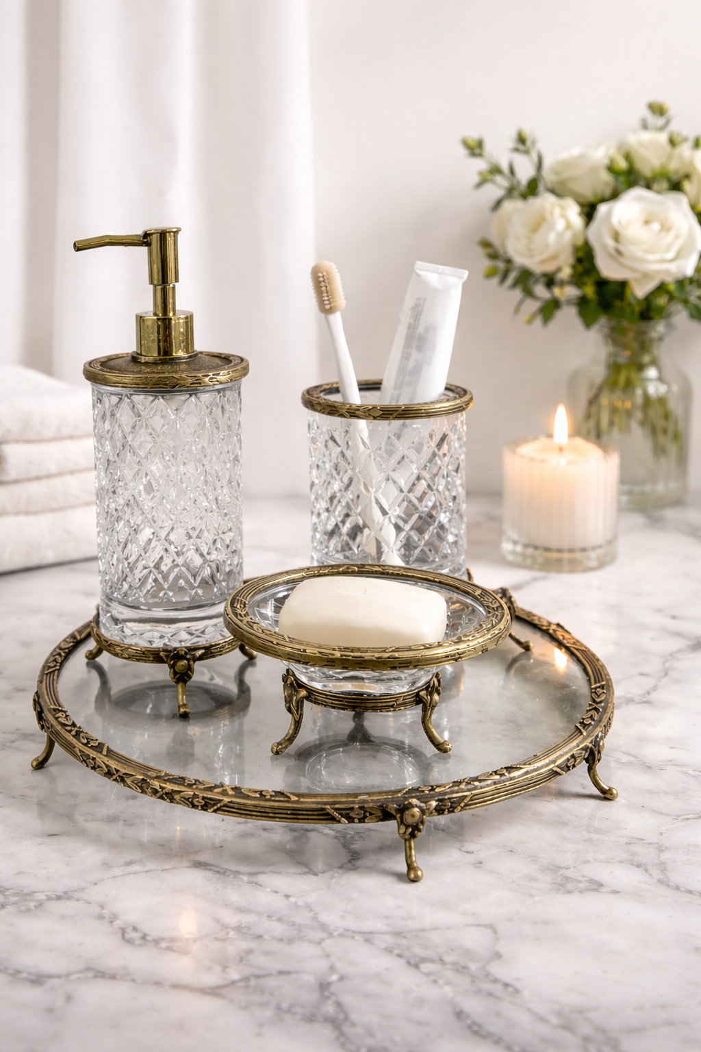 Silver Luxury 4 Piece Bathroom Accessory Set | Crystal Glass with Ornate Metal Stand | Soap Dispenser, Dish, Toothbrush Holder & Tray