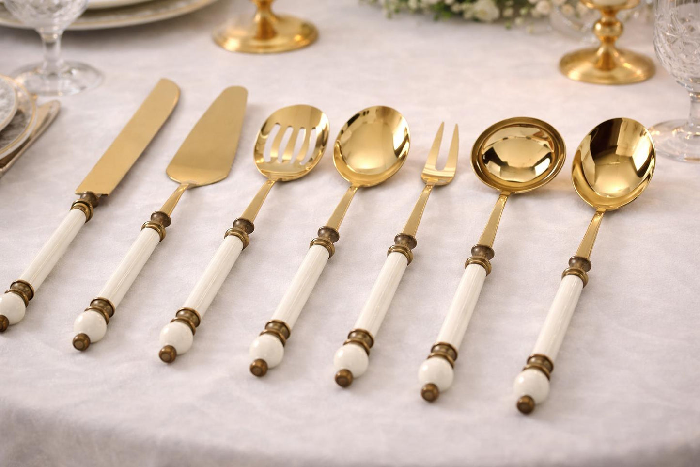 8-Piece Gold Serving Set with Elegant White Handles