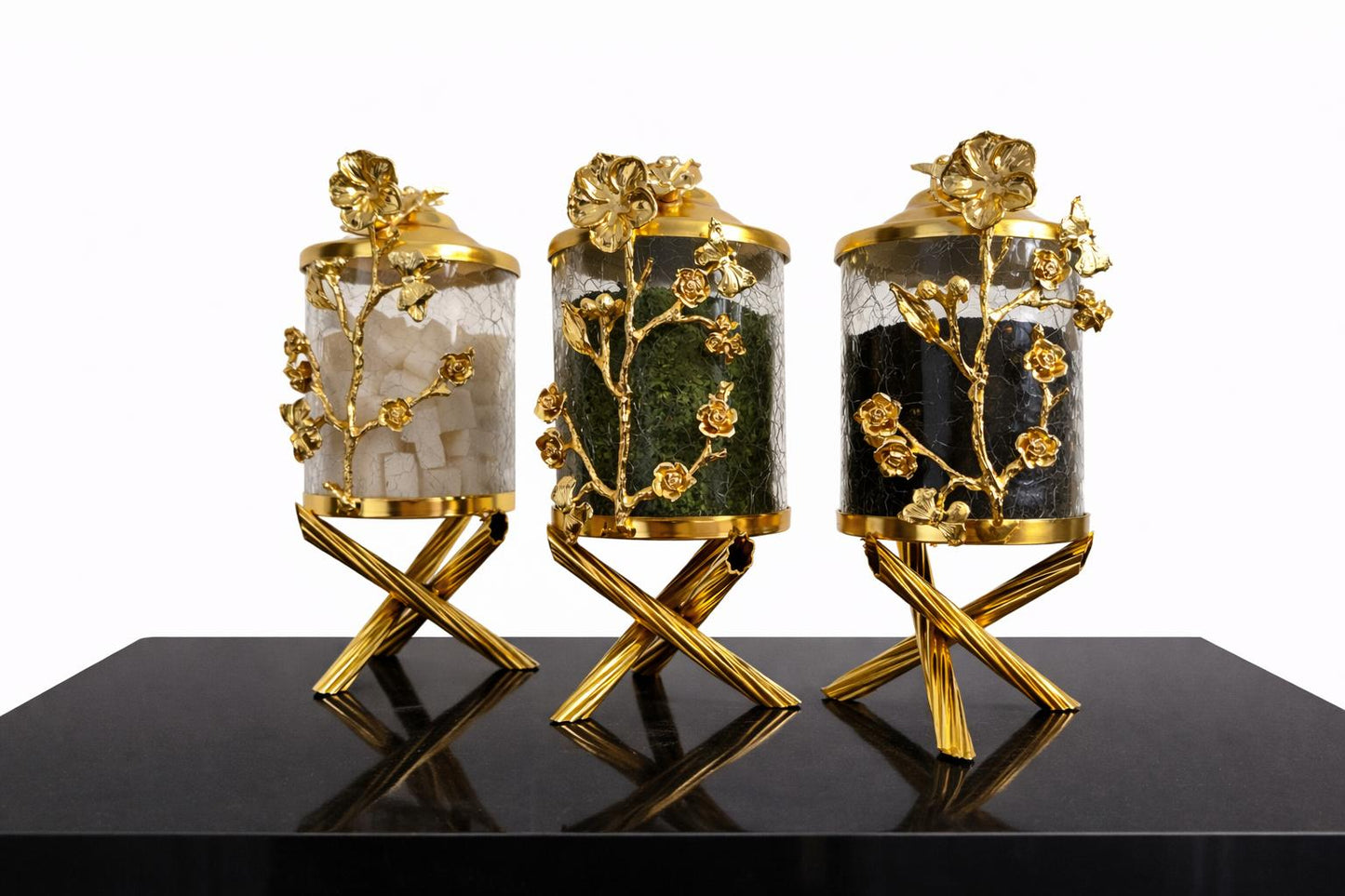 Luxury Silver Canister Set | 3 Piece Kitchen Storage Jar Set with Floral Design