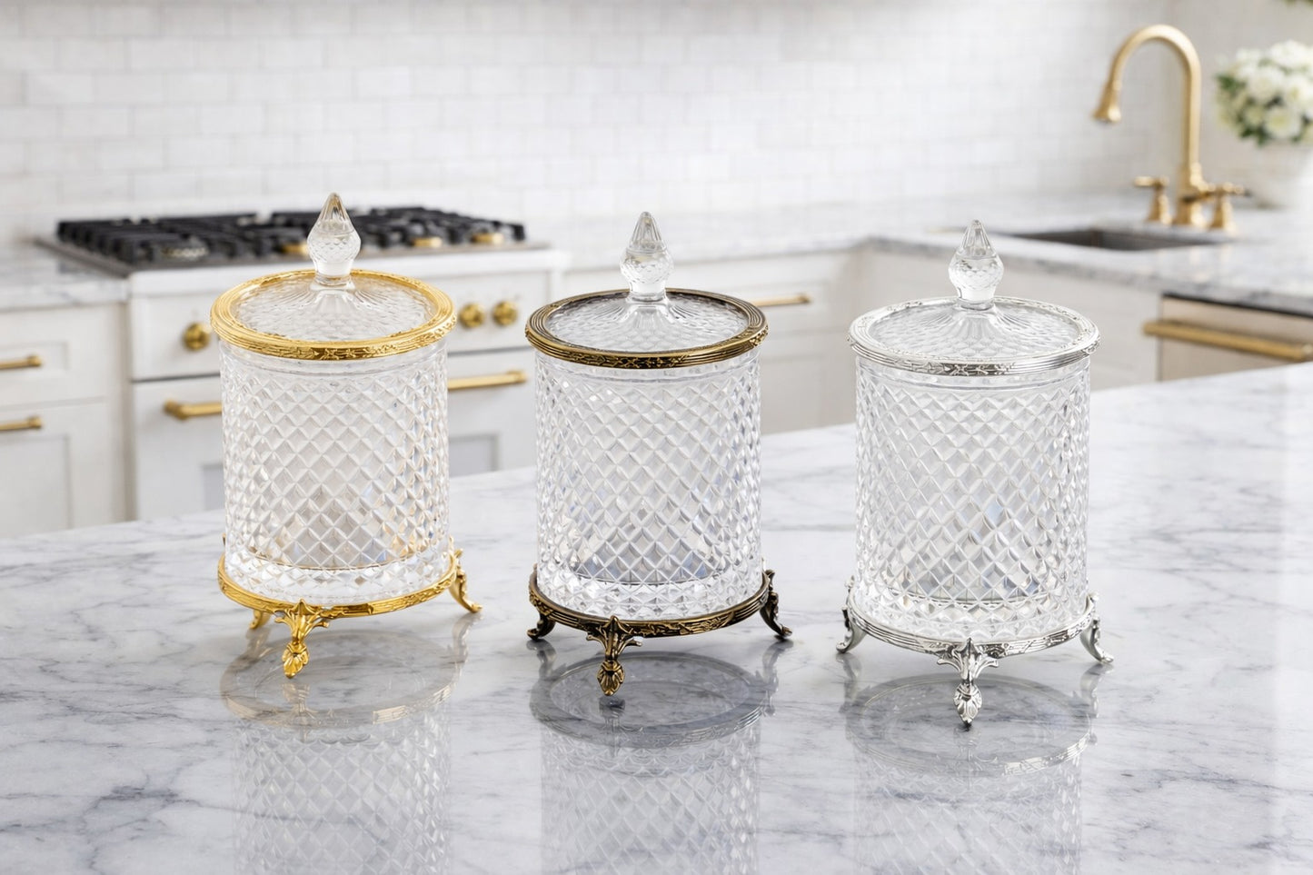 Premium Crystal Glass Canister Set | 3 Piece Kitchen Storage Jars