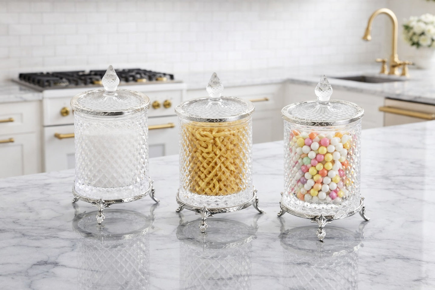 Premium Crystal Glass Canister Set | 3 Piece Kitchen Storage Jars