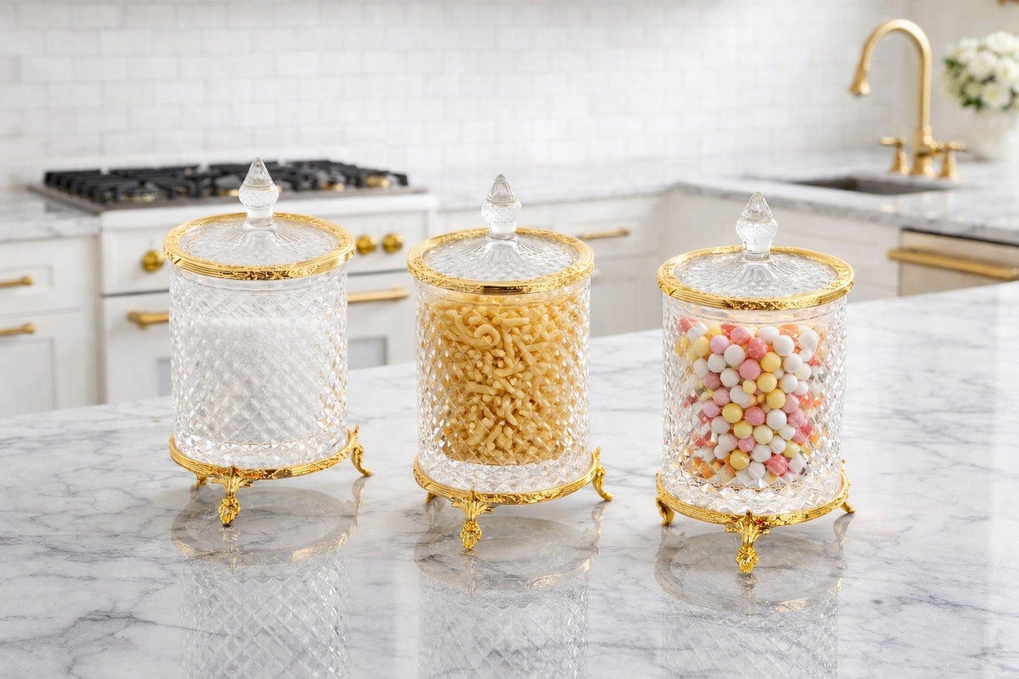 Premium Crystal Glass Canister Set | 3 Piece Kitchen Storage Jars