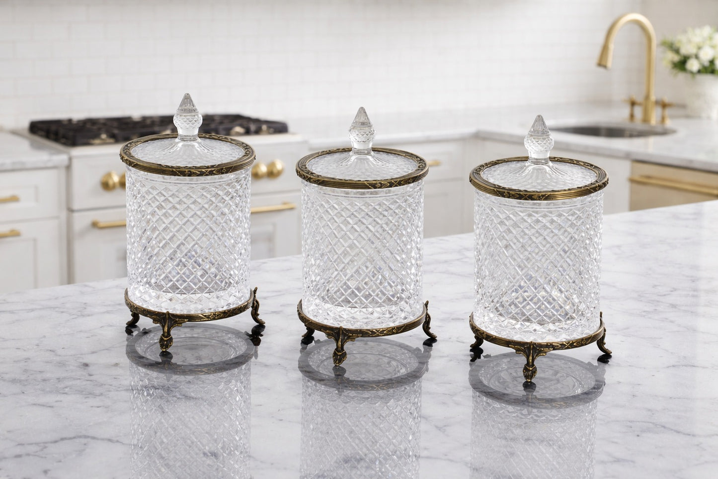Premium Crystal Glass Canister Set | 3 Piece Kitchen Storage Jars
