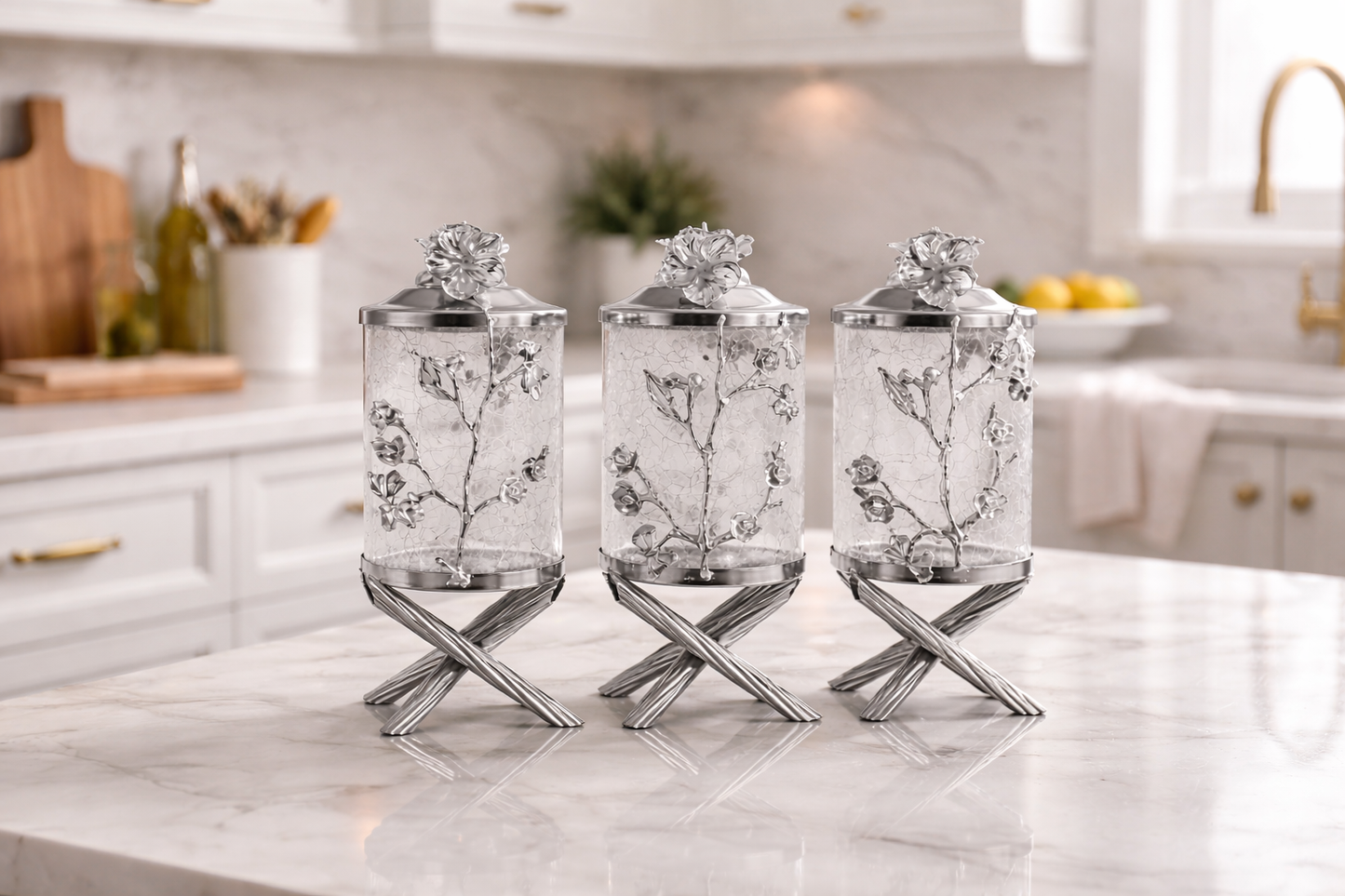 Luxury Gold Canister Set | 3 Piece Kitchen Storage Jar Set with Floral Design
