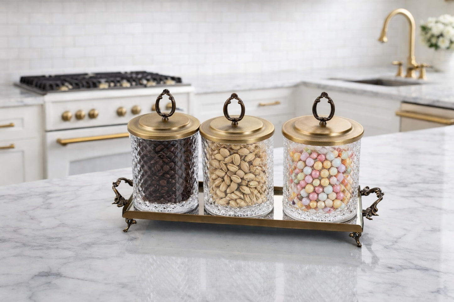 Luxury Glass Canister Set | 3 Piece Kitchen Storage Jars with Tray