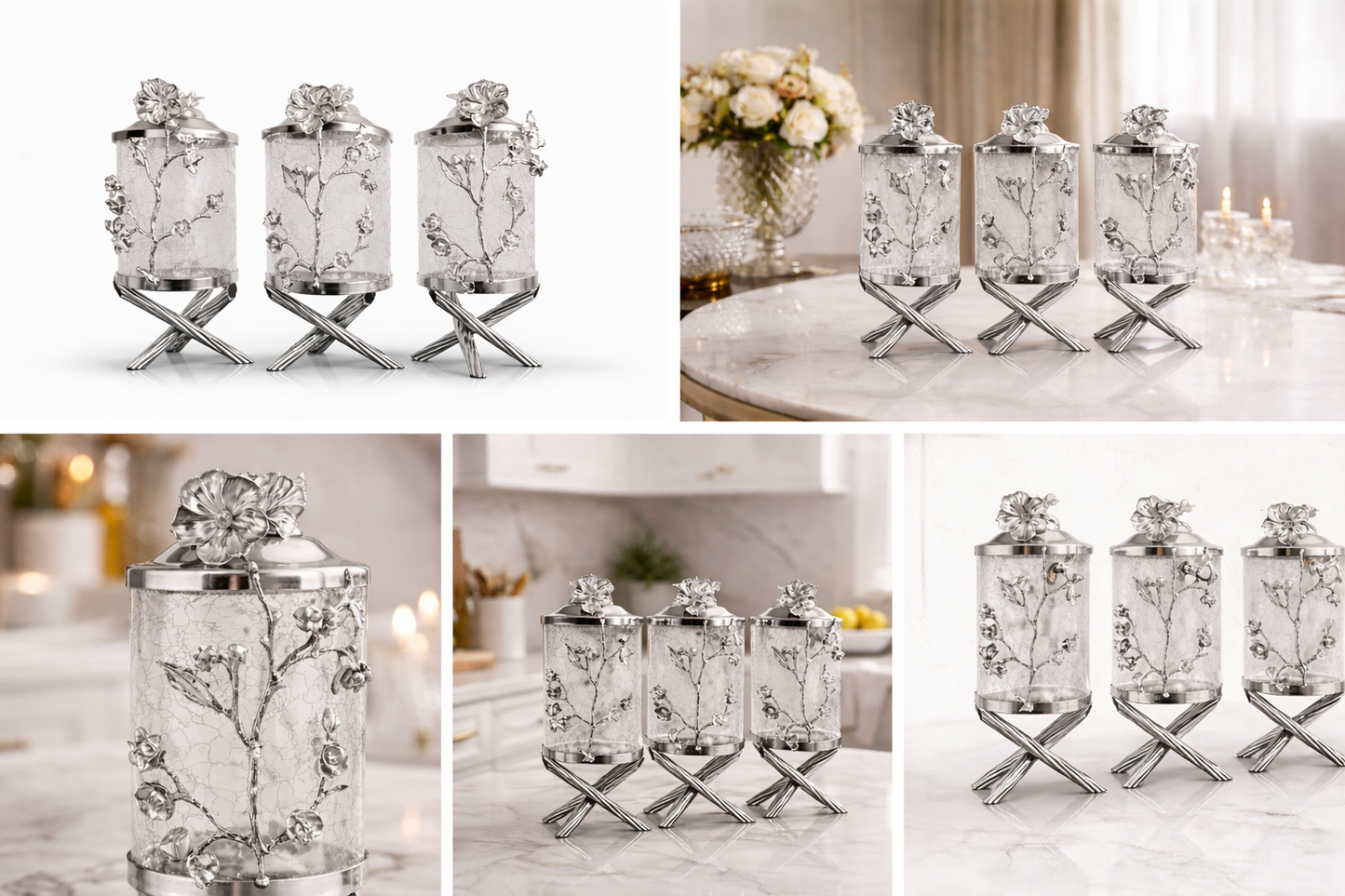 Luxury Gold Canister Set | 3 Piece Kitchen Storage Jar Set with Floral Design