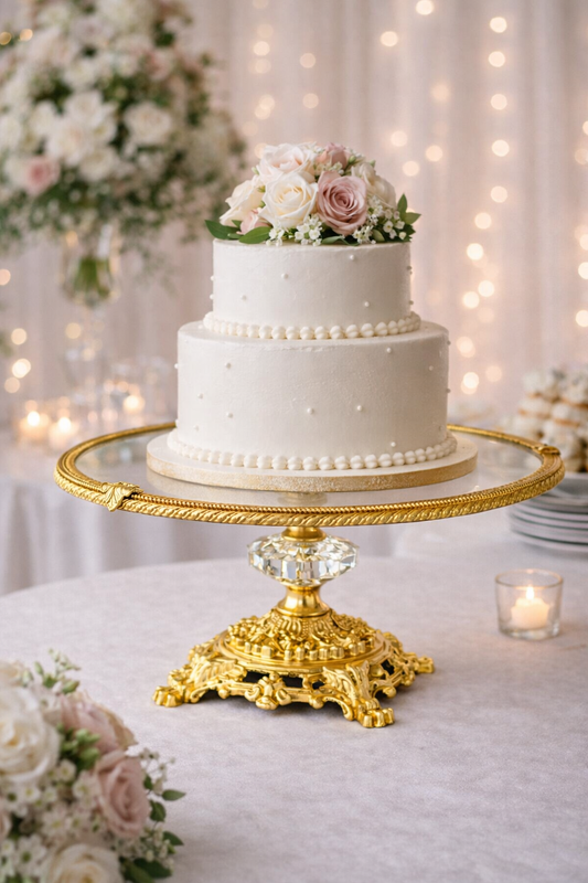 Gold Glass Cake Stand 11.4 in (29 cm) | Ornate Pedestal Display Stand for Desserts & Pastries
