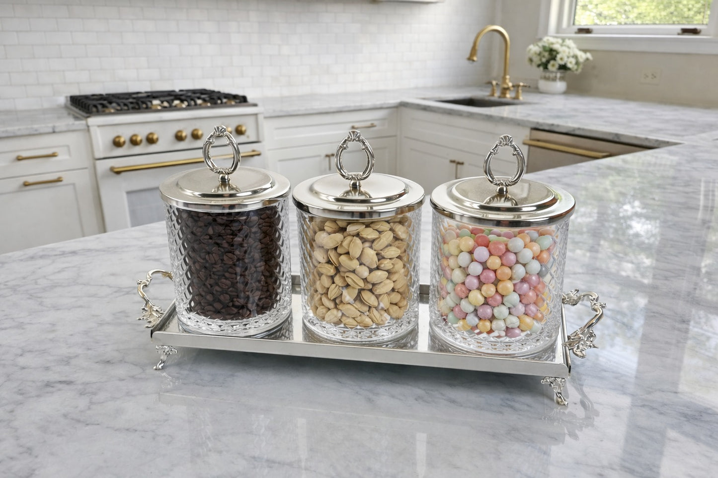 Luxury Glass Canister Set | 3 Piece Kitchen Storage Jars with Tray