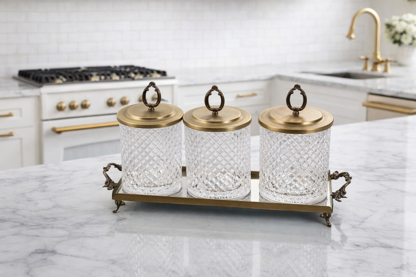 Luxury Glass Canister Set | 3 Piece Kitchen Storage Jars with Tray