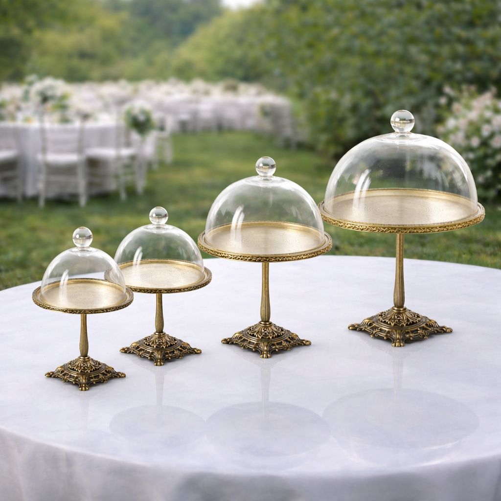 Silver Pedestal Dessert Stand with Glass Dome | Gold, Silver & Antique Finish