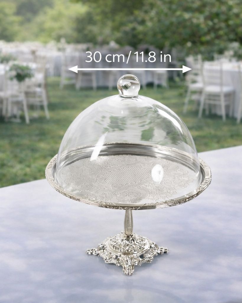 Silver Pedestal Dessert Stand with Glass Dome | Gold, Silver & Antique Finish