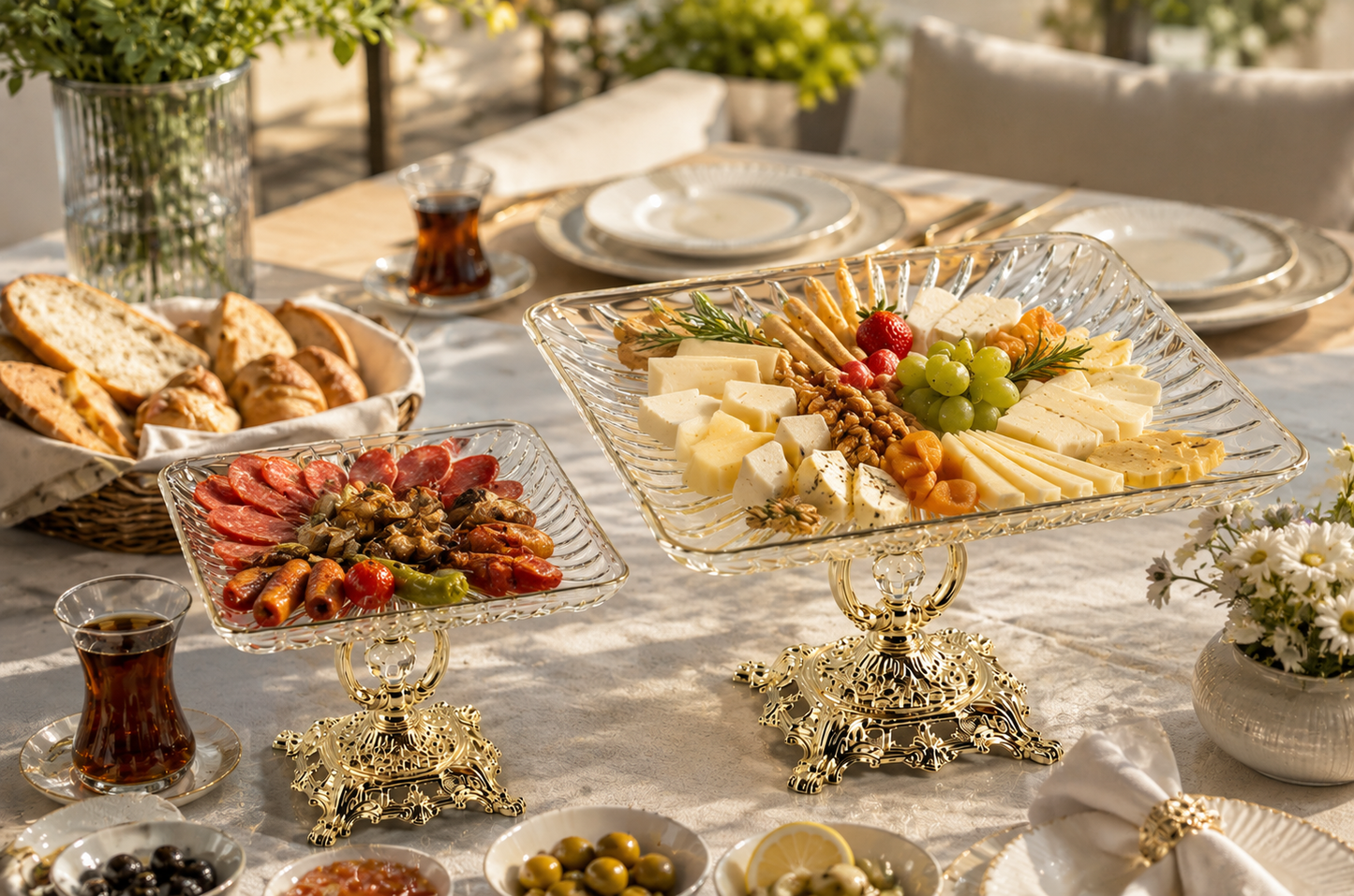 Gold Crystal Glass Cake Stand – Luxury Square Dessert & Wedding Cake Display