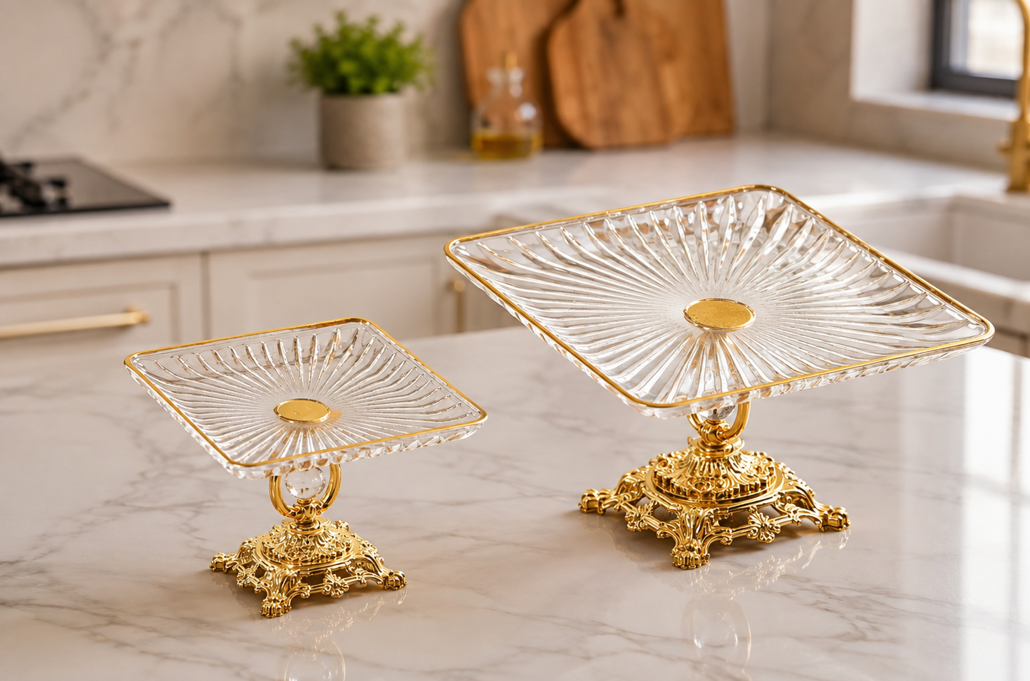 Gold Crystal Glass Cake Stand – Luxury Square Dessert & Wedding Cake Display