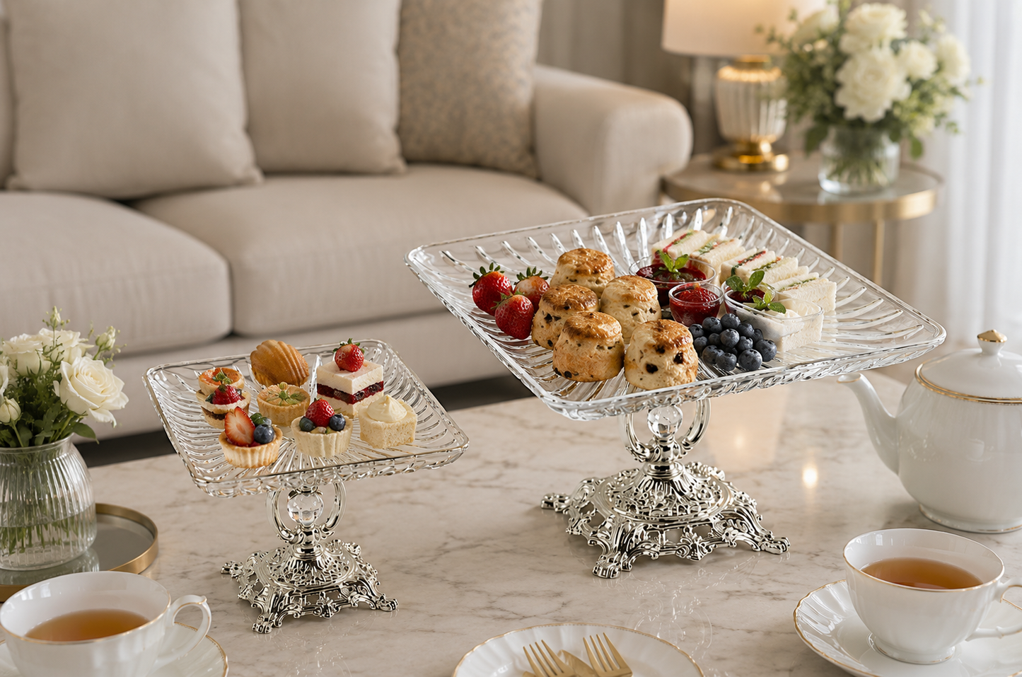 Gold Crystal Glass Cake Stand – Luxury Square Dessert & Wedding Cake Display
