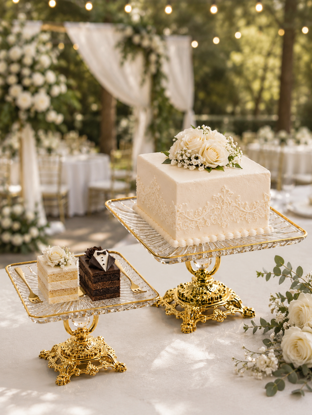 Gold Crystal Glass Cake Stand – Luxury Square Dessert & Wedding Cake Display