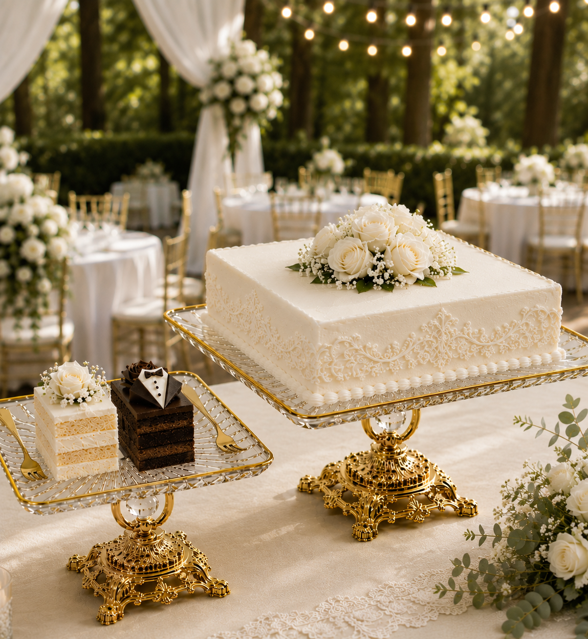 Gold Crystal Glass Cake Stand – Luxury Square Dessert & Wedding Cake Display