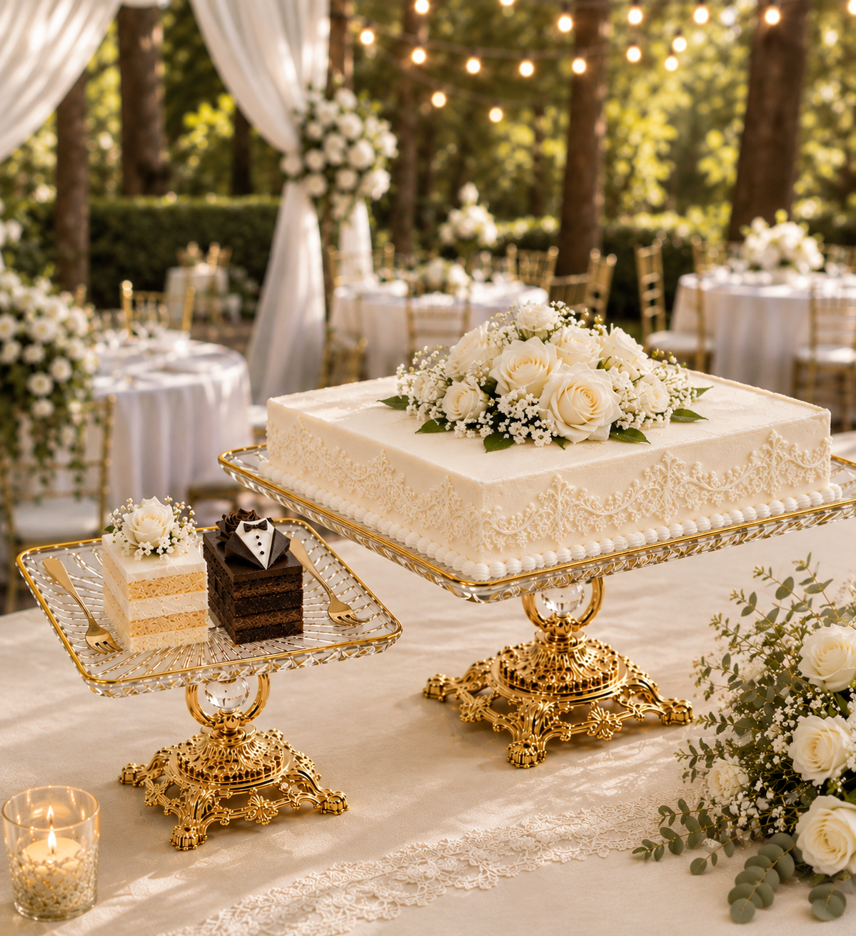 Gold Crystal Glass Cake Stand – Luxury Square Dessert & Wedding Cake Display
