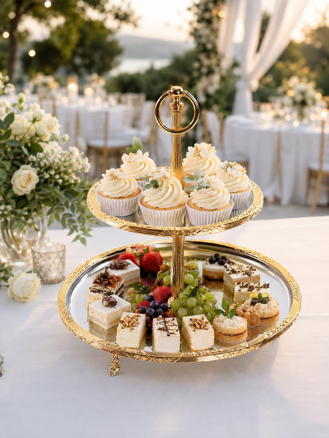 Luxury 2 Tier Serving Stand Stainless Steel Dessert and Appetizer Display