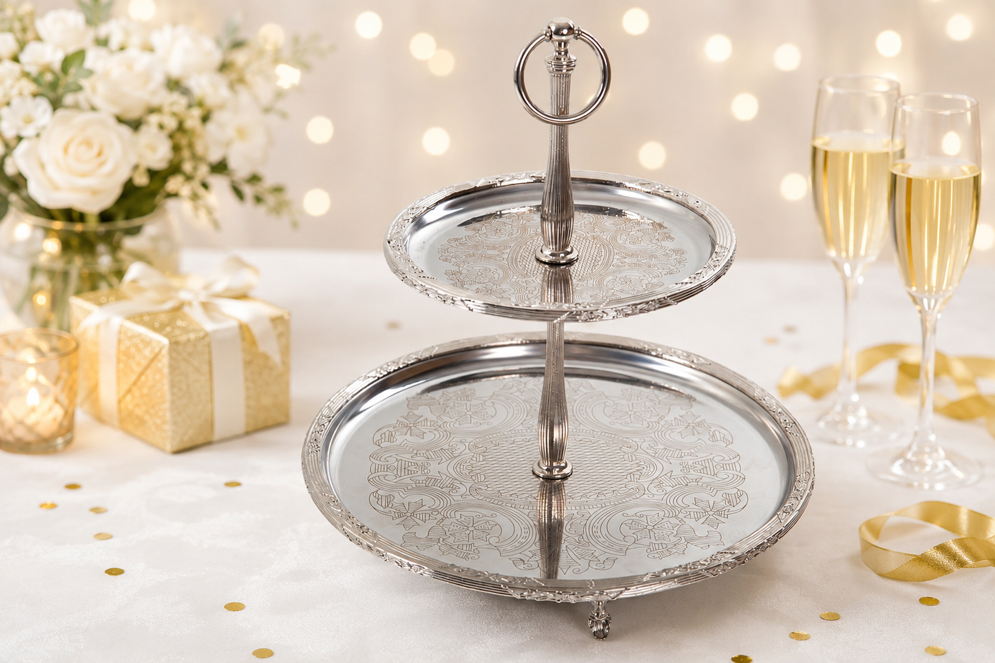 Luxury 2 Tier Serving Stand Stainless Steel Dessert and Appetizer Display