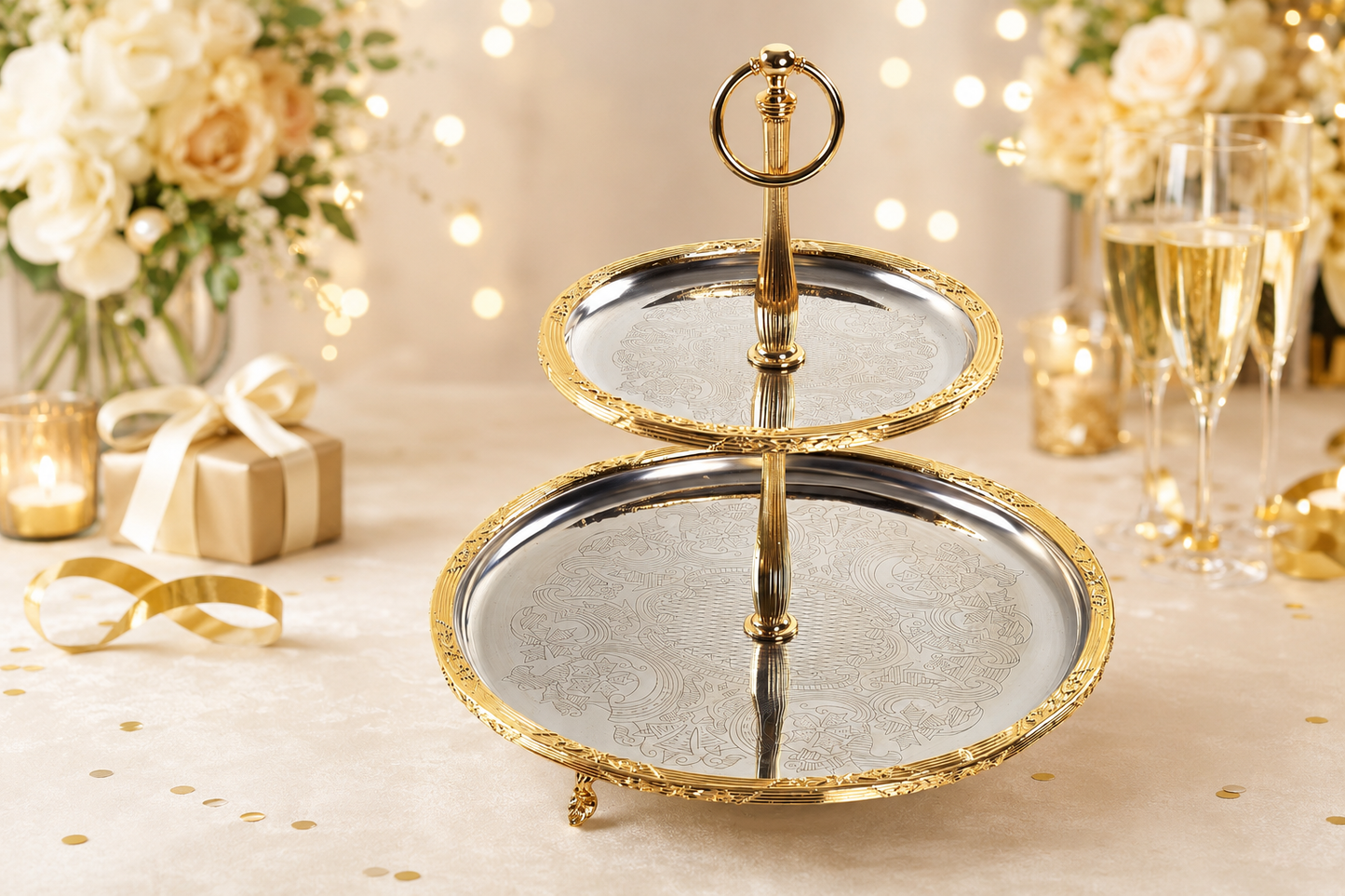 Luxury 2 Tier Serving Stand Stainless Steel Dessert and Appetizer Display