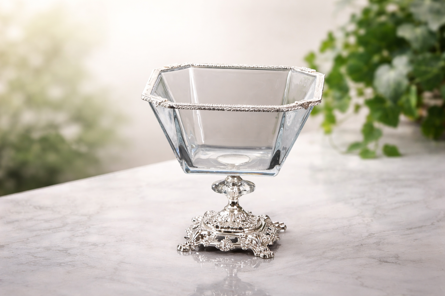 Gold Glass Salad Bowl with Silver Metal Pedestal, Luxury Serving Dish, 2 Liter