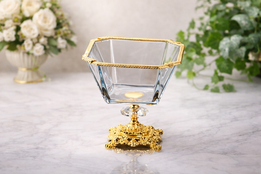 Gold Glass Salad Bowl with Silver Metal Pedestal, Luxury Serving Dish, 2 Liter