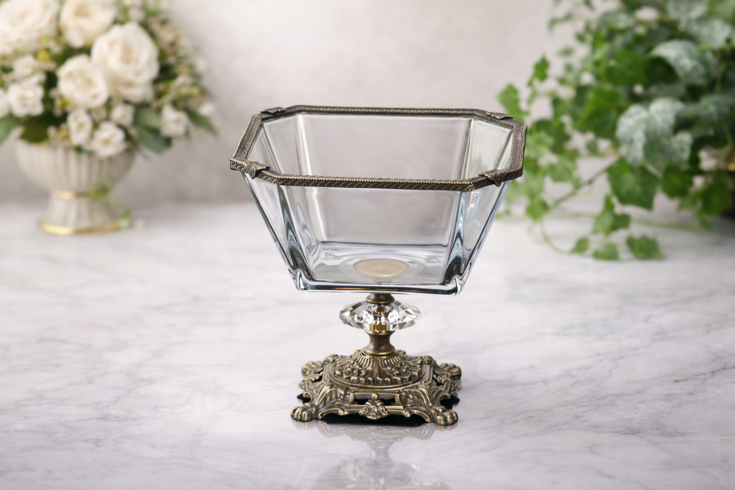 Gold Glass Salad Bowl with Silver Metal Pedestal, Luxury Serving Dish, 2 Liter