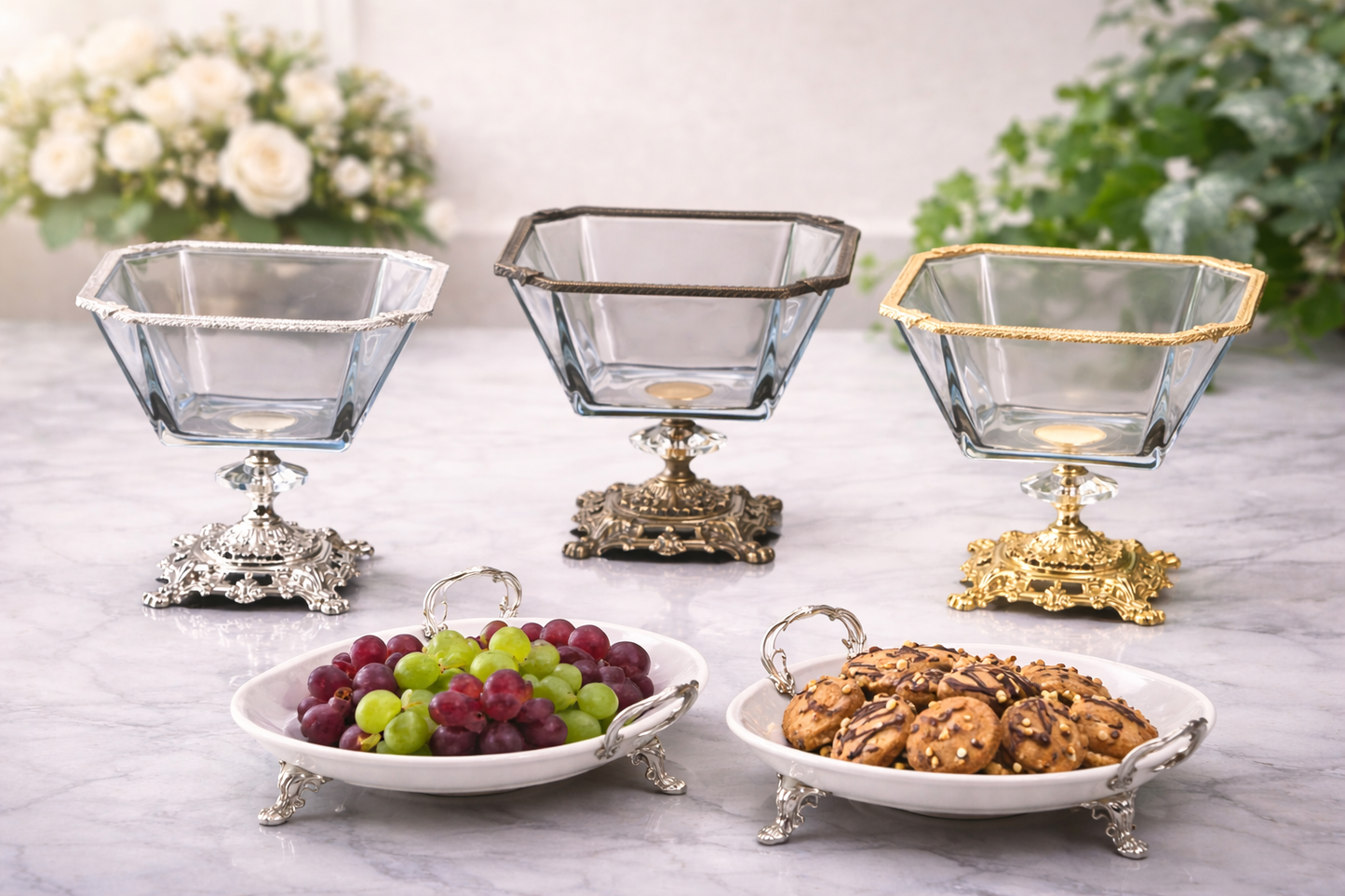 Gold Glass Salad Bowl with Silver Metal Pedestal, Luxury Serving Dish, 2 Liter