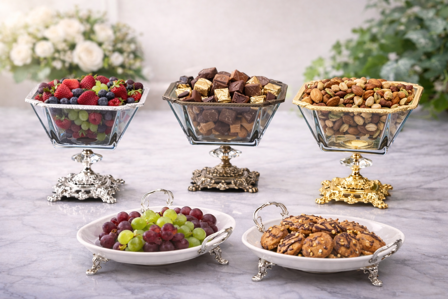 Gold Glass Salad Bowl with Silver Metal Pedestal, Luxury Serving Dish, 2 Liter