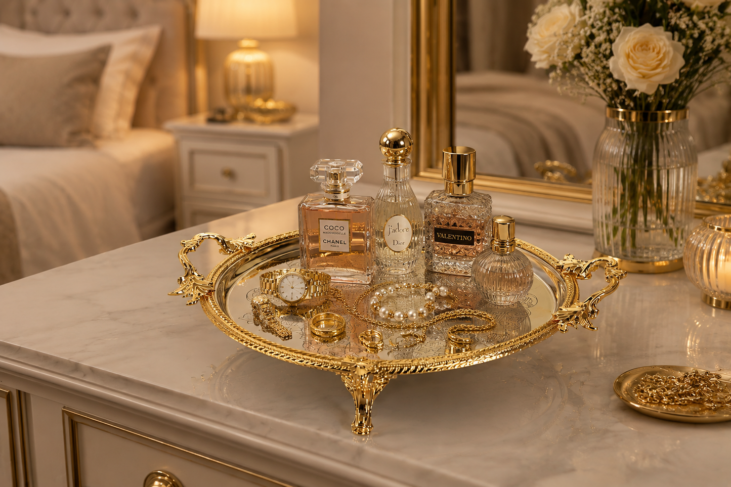 Luxury Bathroom Tray, Stainless Steel Pedestal Display Stand, Gold/Silver/Antique Finishes