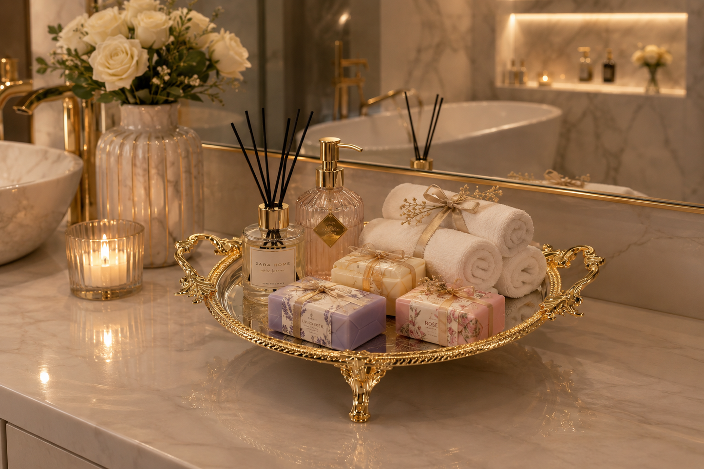 Luxury Bathroom Tray, Stainless Steel Pedestal Display Stand, Gold/Silver/Antique Finishes