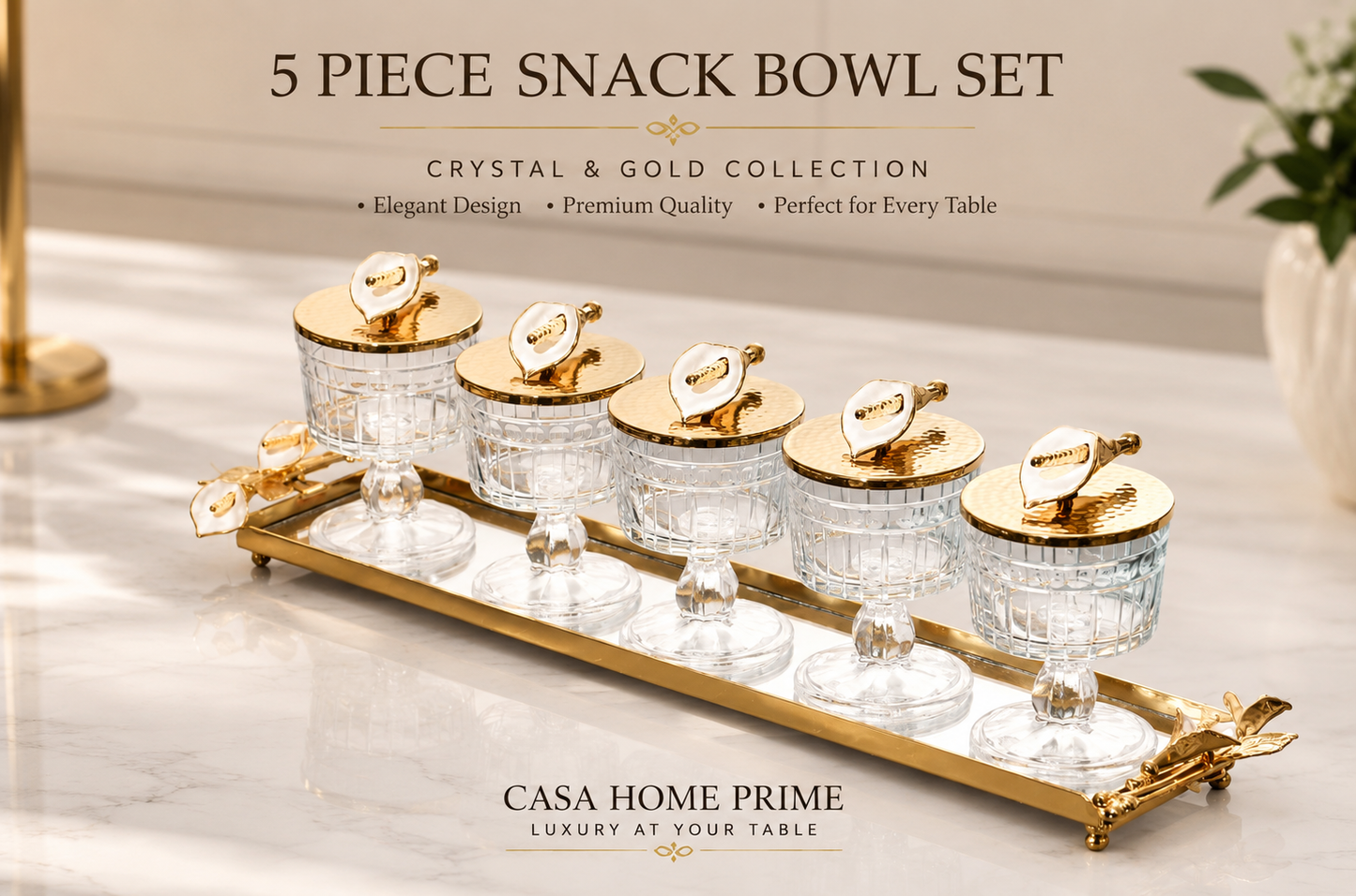 Luxury Crystal Snack Bowl Set with Decorative Gold Tray | 3, 4 & 5 Bowl Serving Set | Stainless Steel Fleur-de-Lis Design