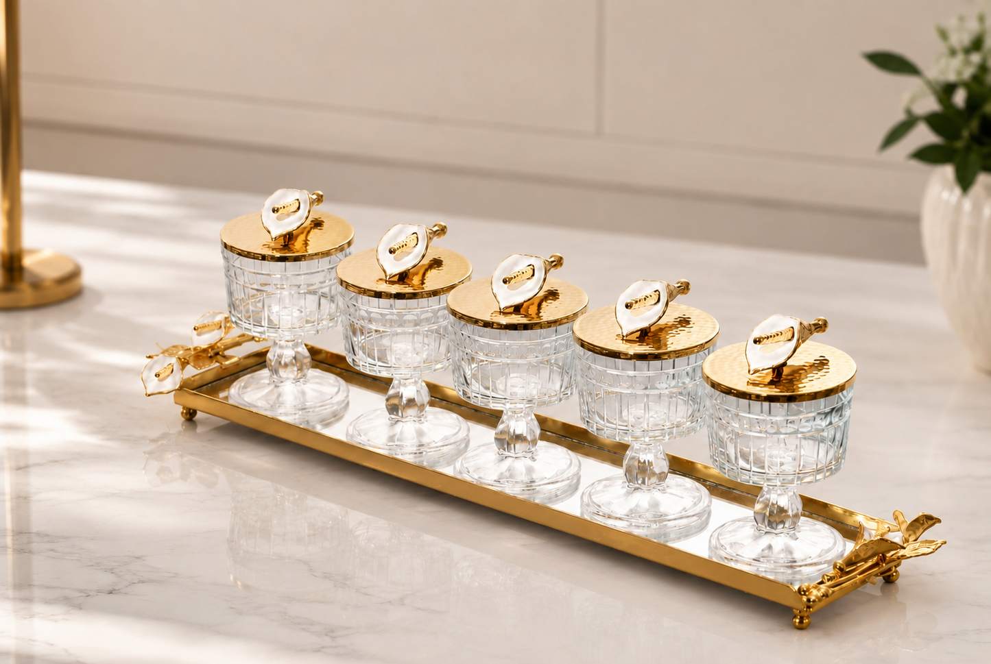 Luxury Crystal Snack Bowl Set with Decorative Gold Tray | 3, 4 & 5 Bowl Serving Set | Stainless Steel Fleur-de-Lis Design