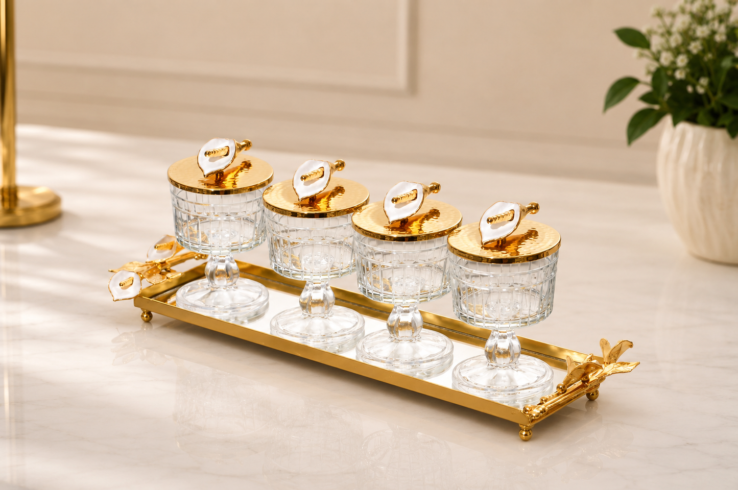 Luxury Crystal Snack Bowl Set with Decorative Gold Tray | 3, 4 & 5 Bowl Serving Set | Stainless Steel Fleur-de-Lis Design