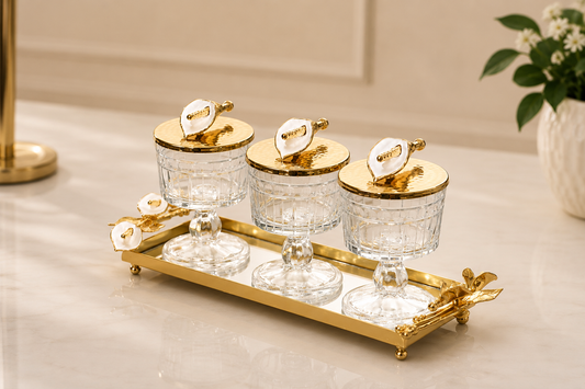 Luxury Crystal Snack Bowl Set with Decorative Gold Tray | 3, 4 & 5 Bowl Serving Set | Stainless Steel Fleur-de-Lis Design
