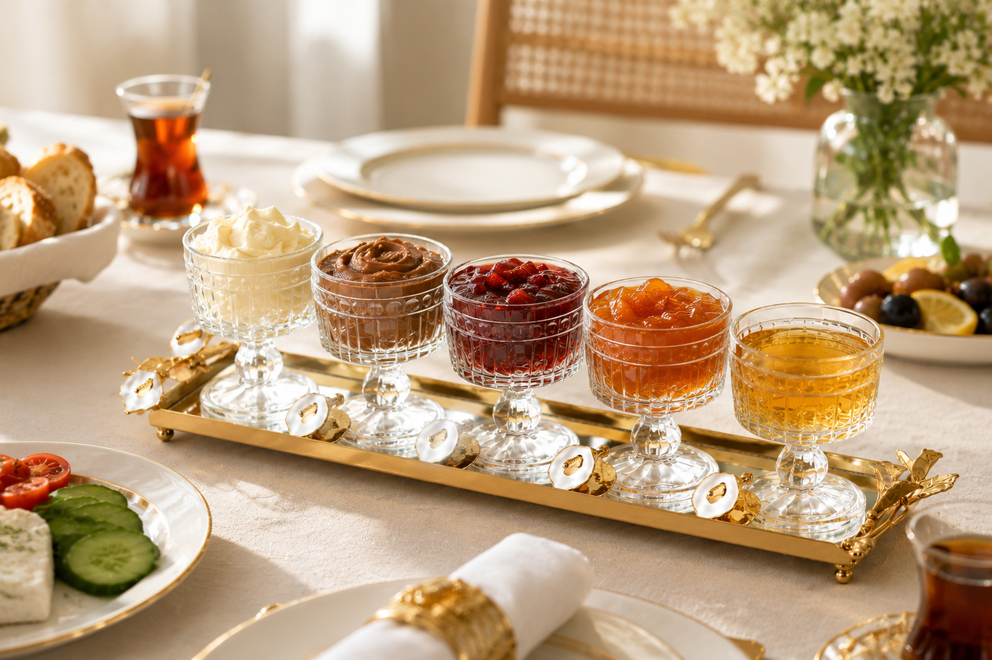 Luxury Crystal Snack Bowl Set with Decorative Gold Tray | 3, 4 & 5 Bowl Serving Set | Stainless Steel Fleur-de-Lis Design