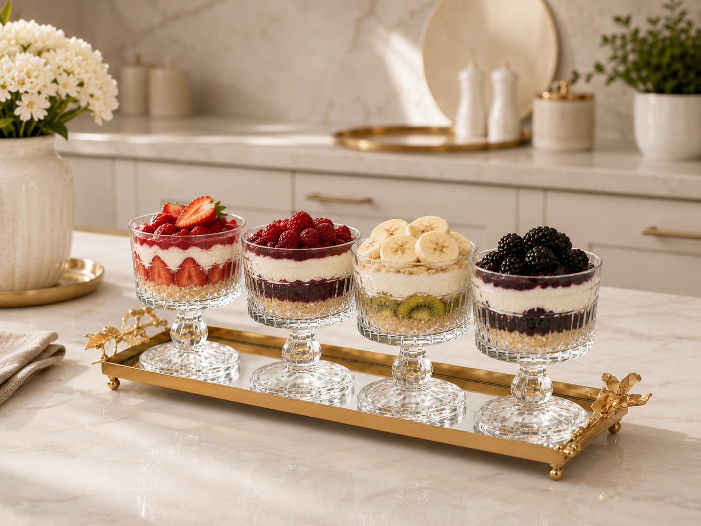 Luxury Crystal Snack Bowl Set with Decorative Gold Tray | 3, 4 & 5 Bowl Serving Set | Stainless Steel Fleur-de-Lis Design